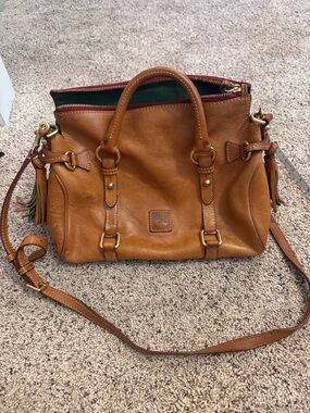 Dooney & Bourke Cognac Leather Satchel with Green Lining